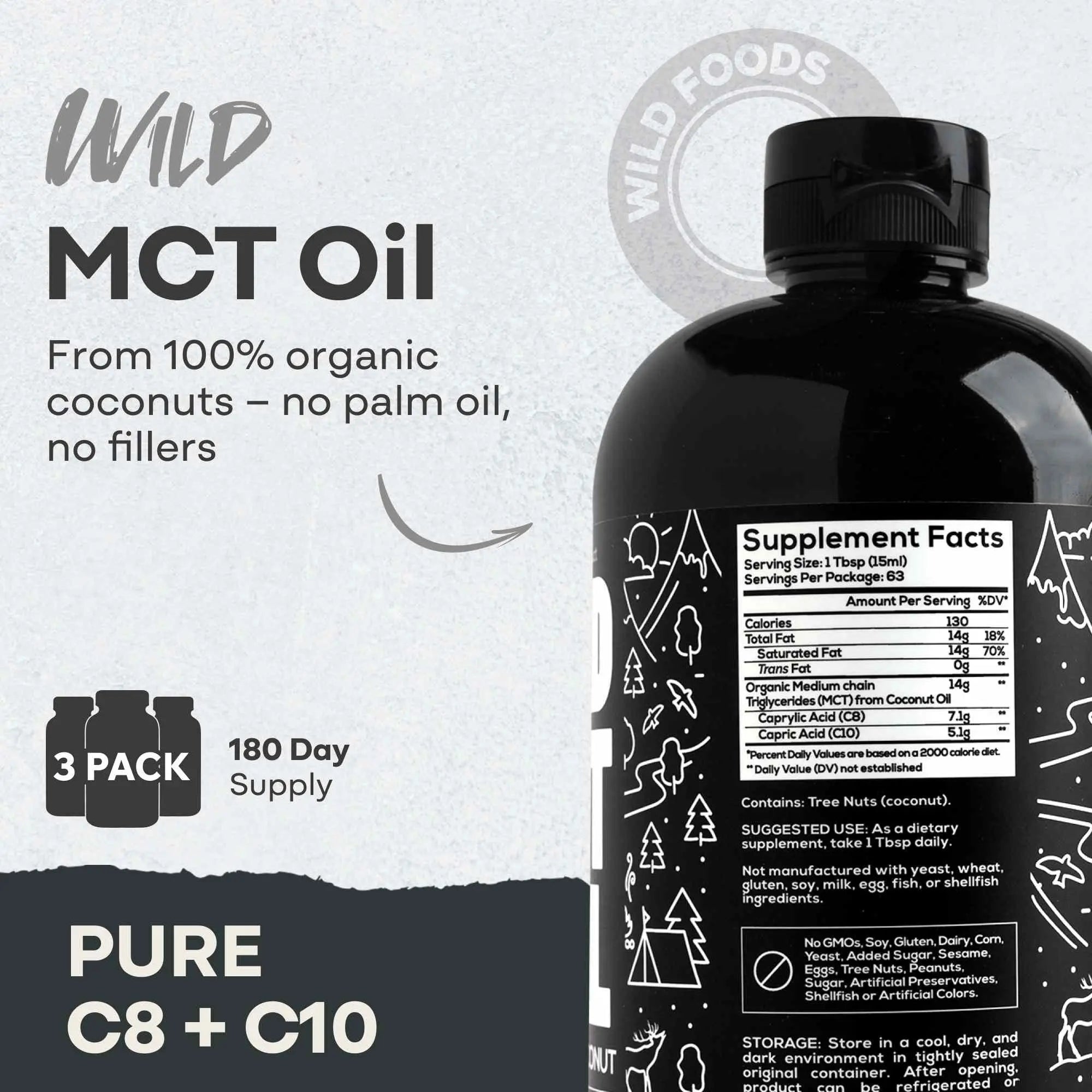 Wild MCT Oil – 100% Coconut-Sourced Brain & Body Fuel, 63 Servings Wild Foods