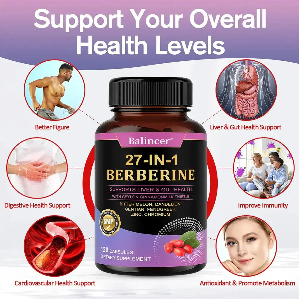 27-IN-1 Berberine 120 Capsules - Contains Ceylon Cinnamon,Milk Thistle - Supports Heart Health, Immune System, Liver & Gut Health Roksy