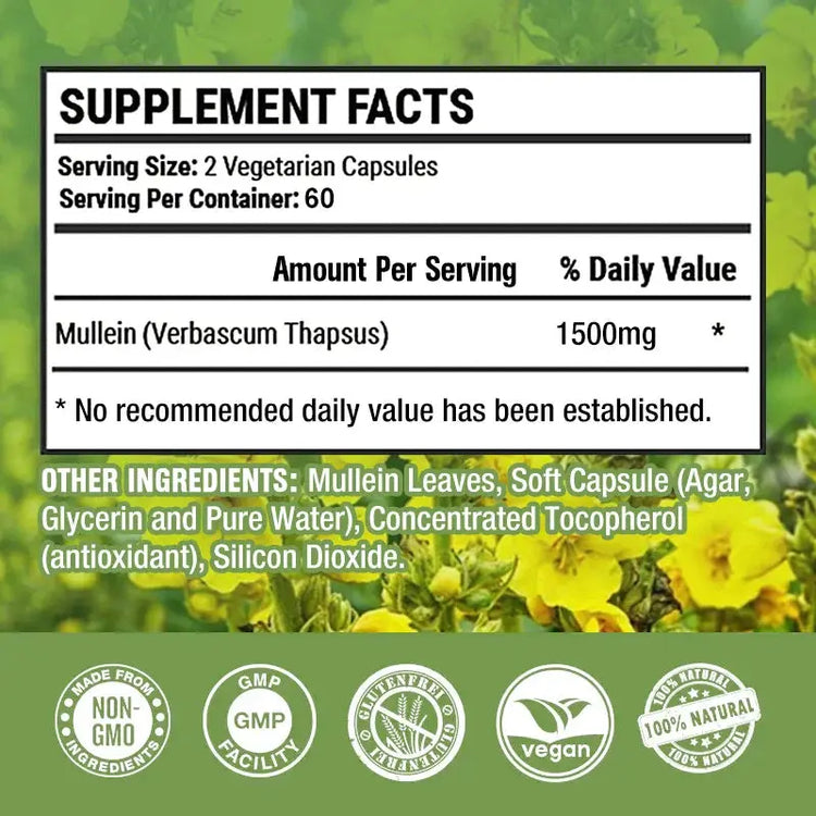 Natural Mullein Leaf Capsules Herbal Supplement for Lung Cleanse, Supports Healthy Respiratory Function, 120 Capsules Roksy