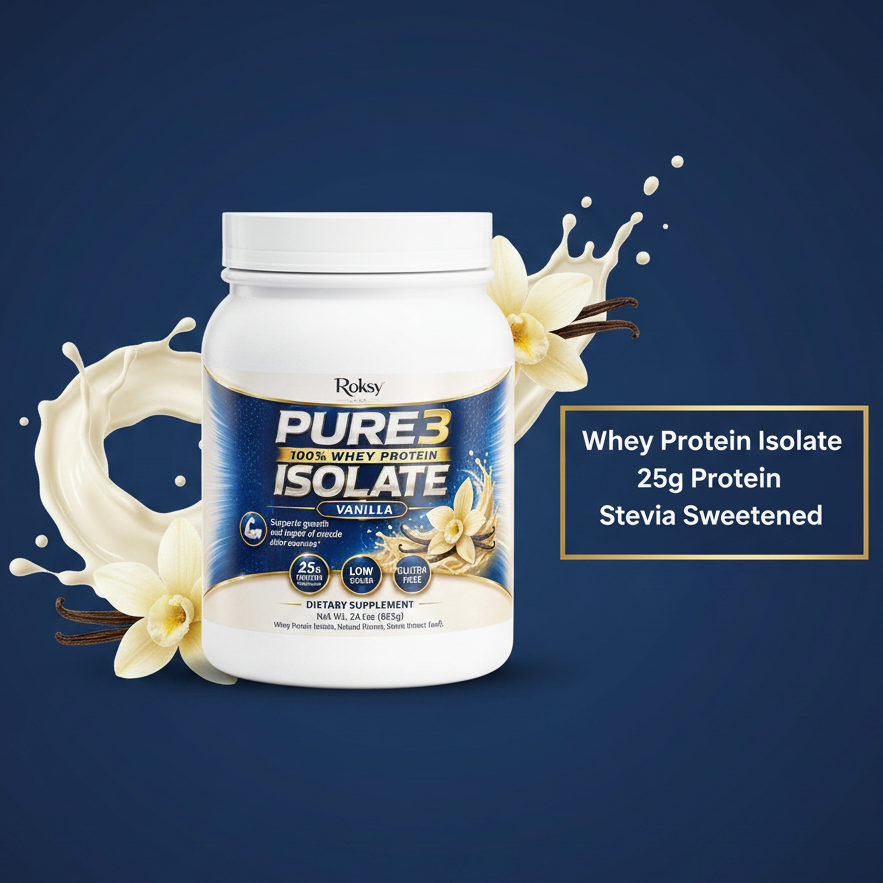 Pure3 100% Whey Protein Isolate Vanilla | 25g Protein Per Serving | Muscle Growth and Recovery | Low Sugar Gluten-Free | 1.5lb Roksy