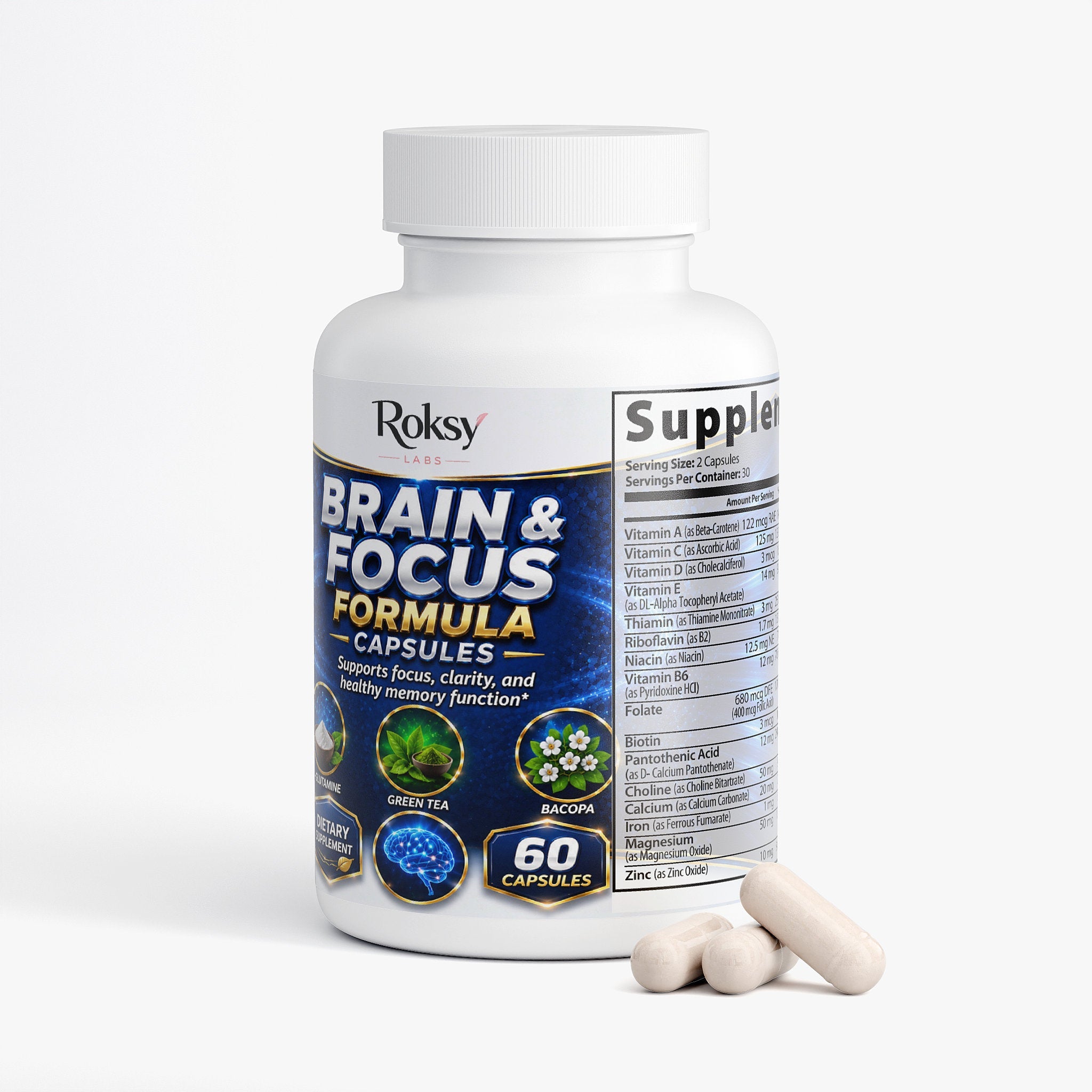Brain Health Supplement for Focus & Clarity 60 ct – Nootropic Brain Support for Memory & Energy Roksy