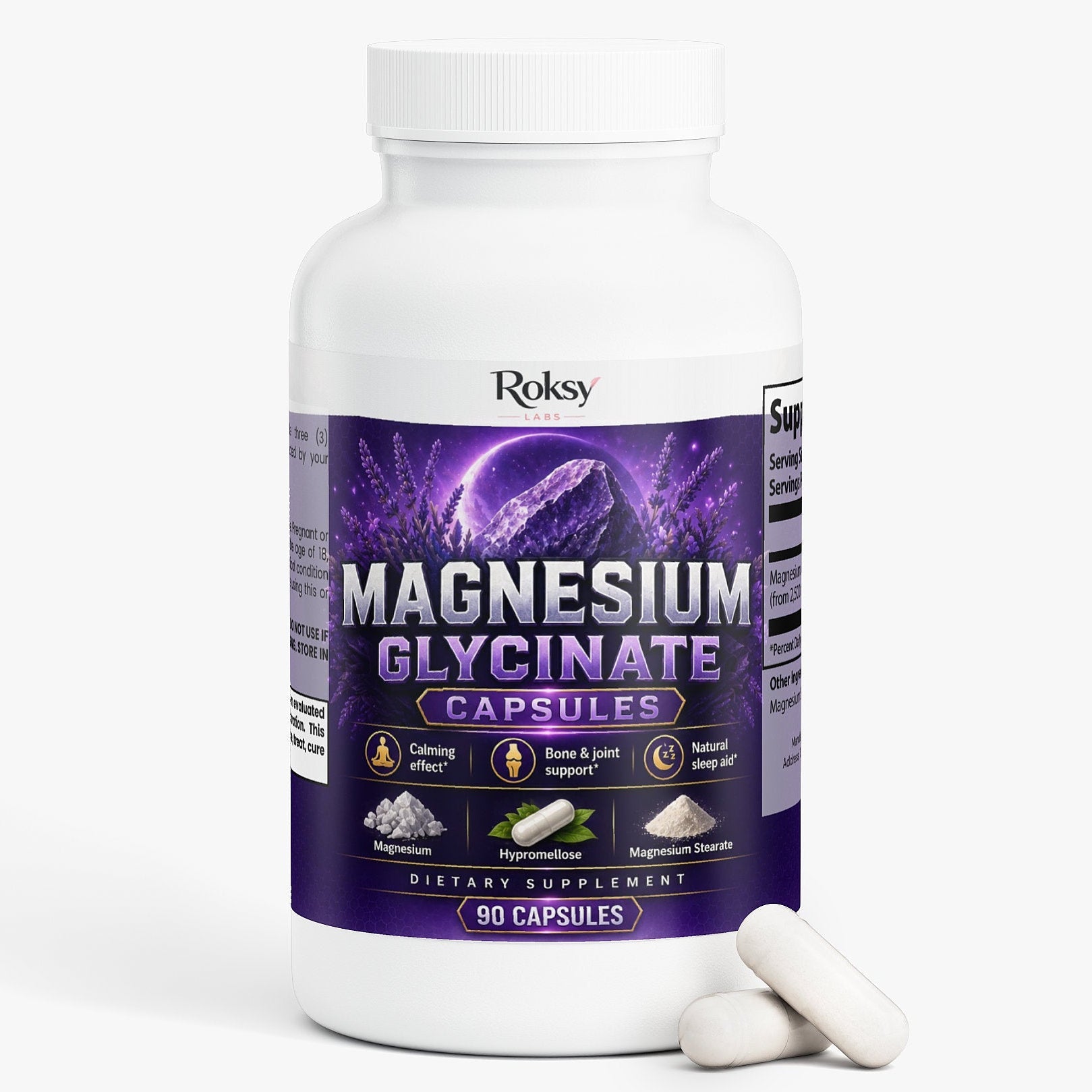 Magnesium Glycinate Capsules | Calm Sleep and Bone Support | 275mg High Bioavailability | 90 Capsules Roksy