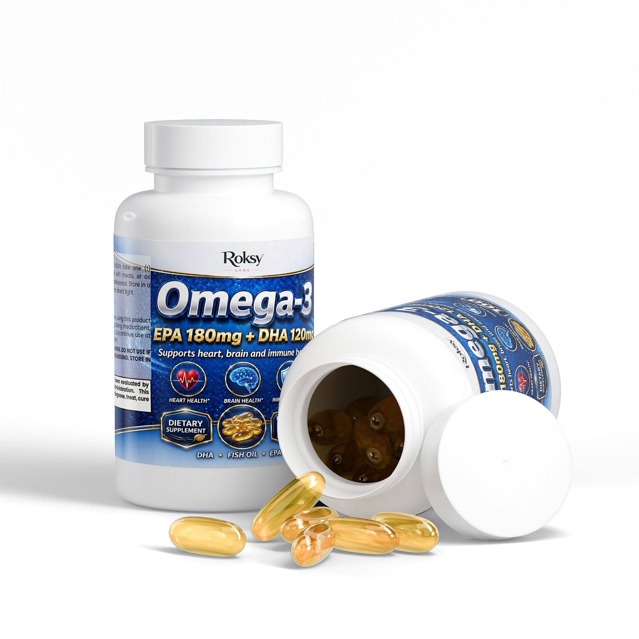 Omega 3 Fish Oil Supplement | EPA 180mg + DHA 120mg | Heart Brain & Immune Health | 100 Softgels Roksy