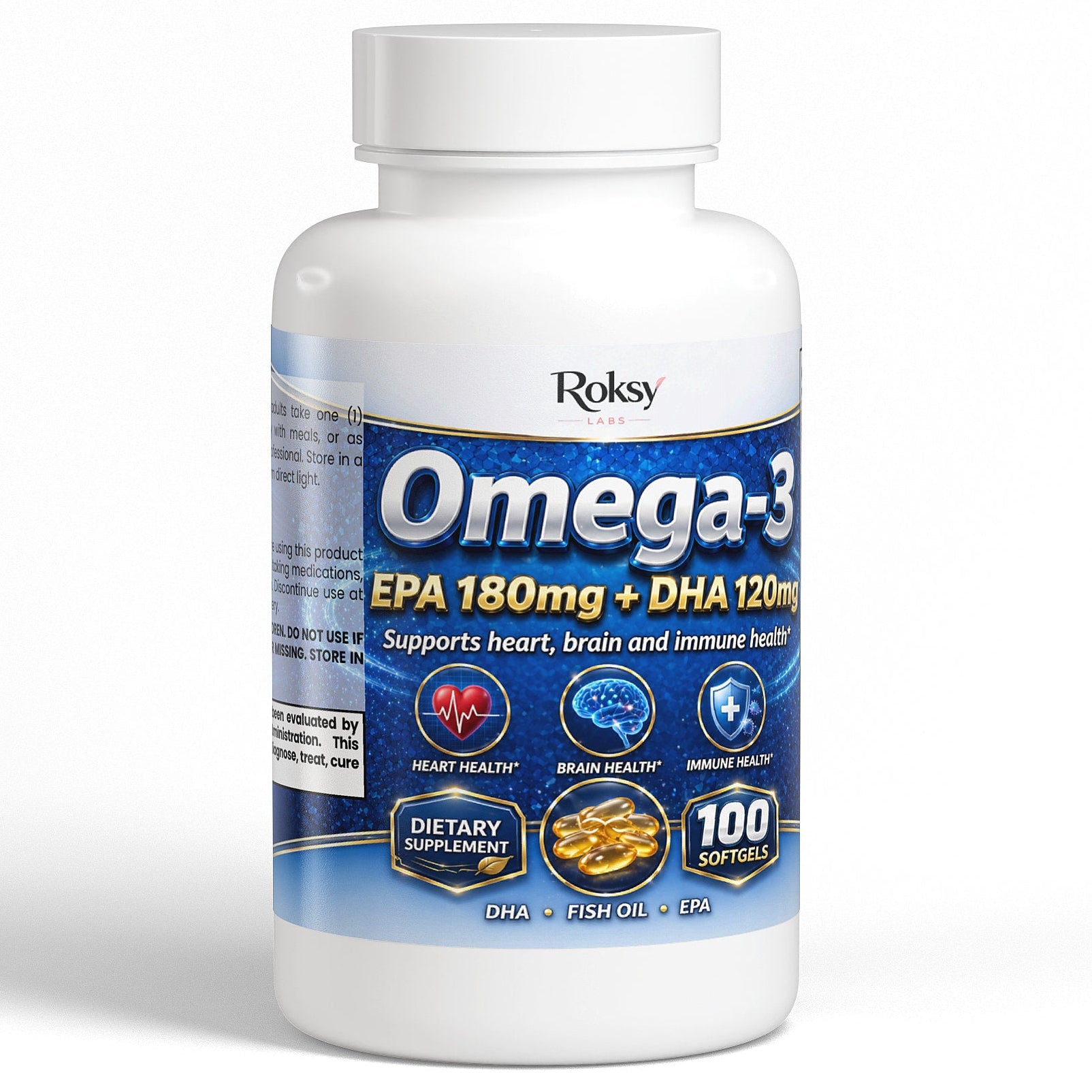 Omega 3 Fish Oil Supplement | EPA 180mg + DHA 120mg | Heart Brain & Immune Health | 100 Softgels Roksy