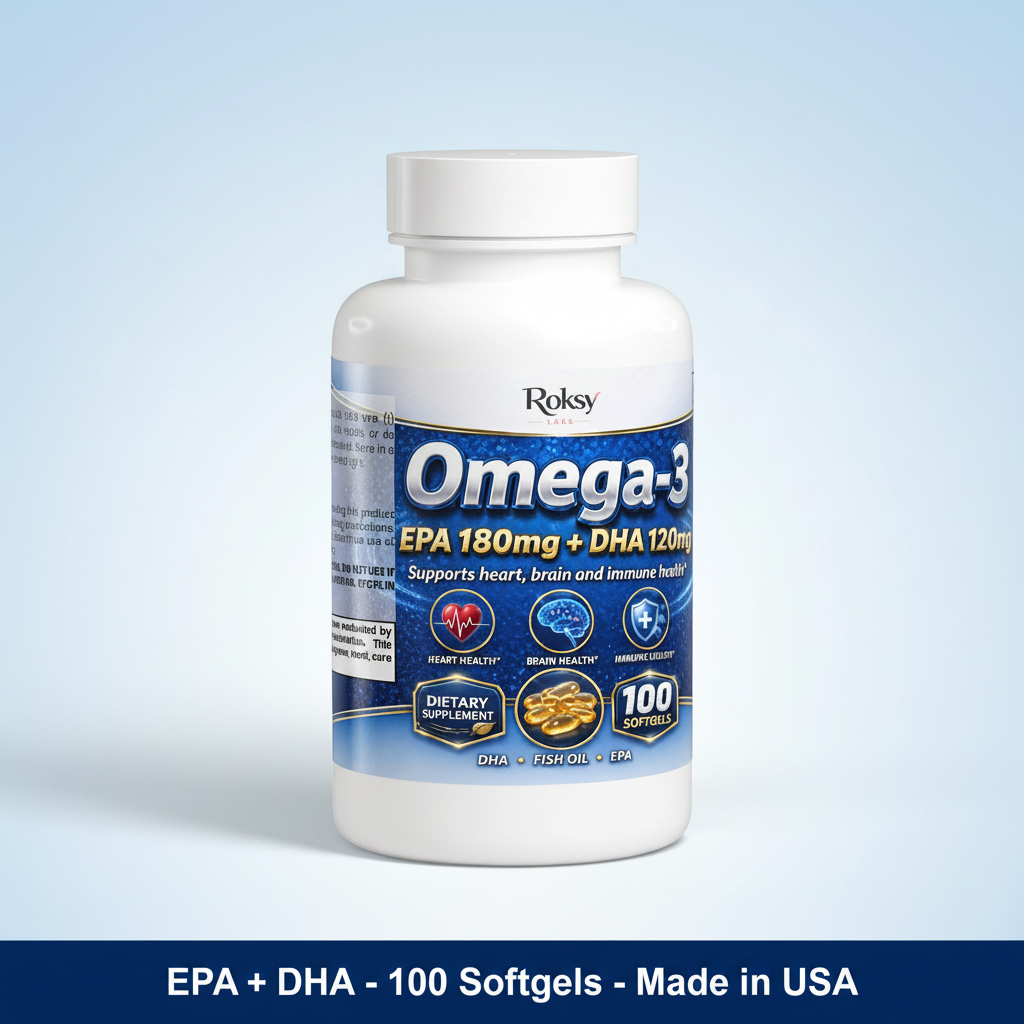 Omega 3 Fish Oil Supplement | EPA 180mg + DHA 120mg | Heart Brain & Immune Health | 100 Softgels Roksy