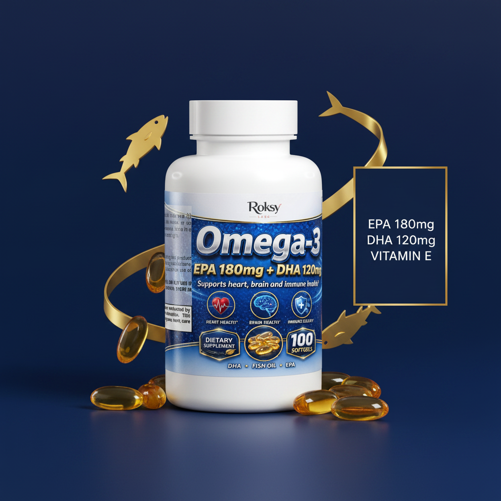 Omega 3 Fish Oil Supplement | EPA 180mg + DHA 120mg | Heart Brain & Immune Health | 100 Softgels Roksy