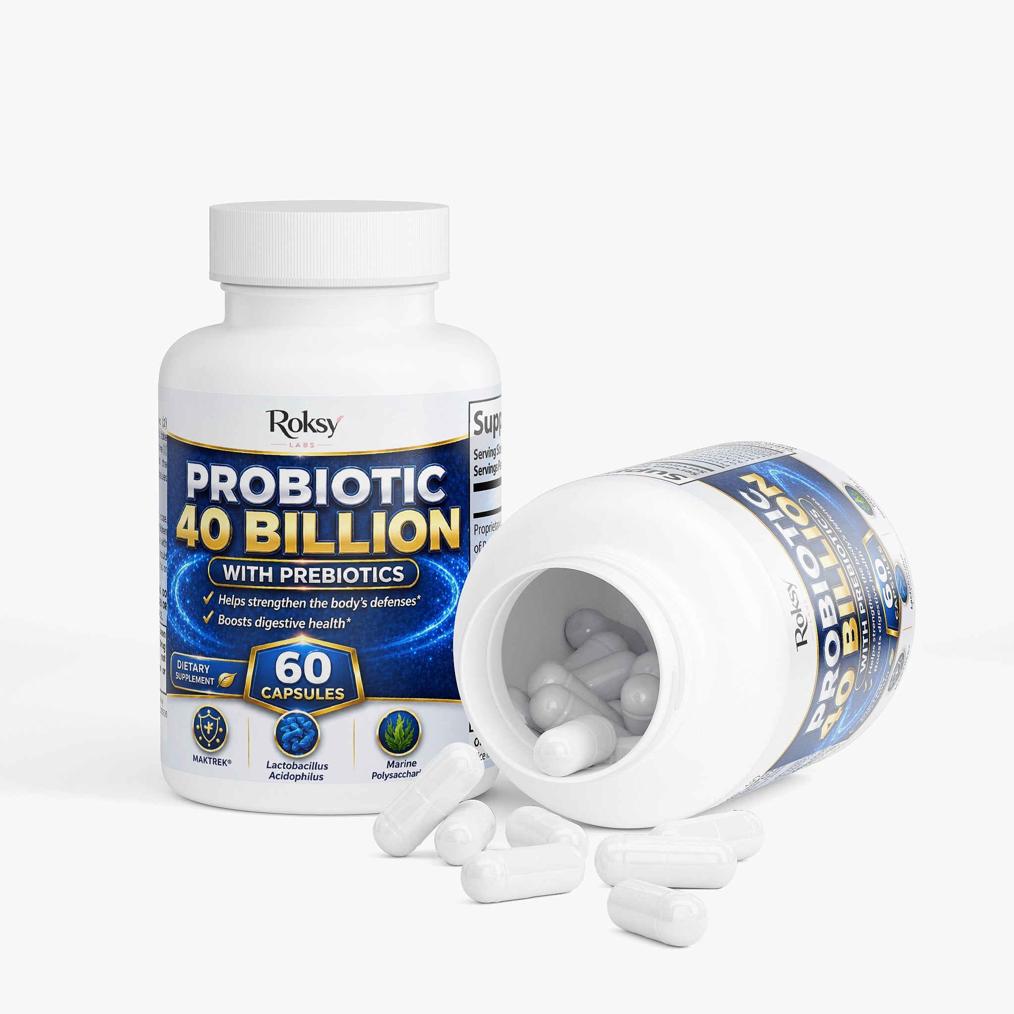 Probiotic Food Supplement - 40 Billion 60 Capsules with Prebiotics Roksy