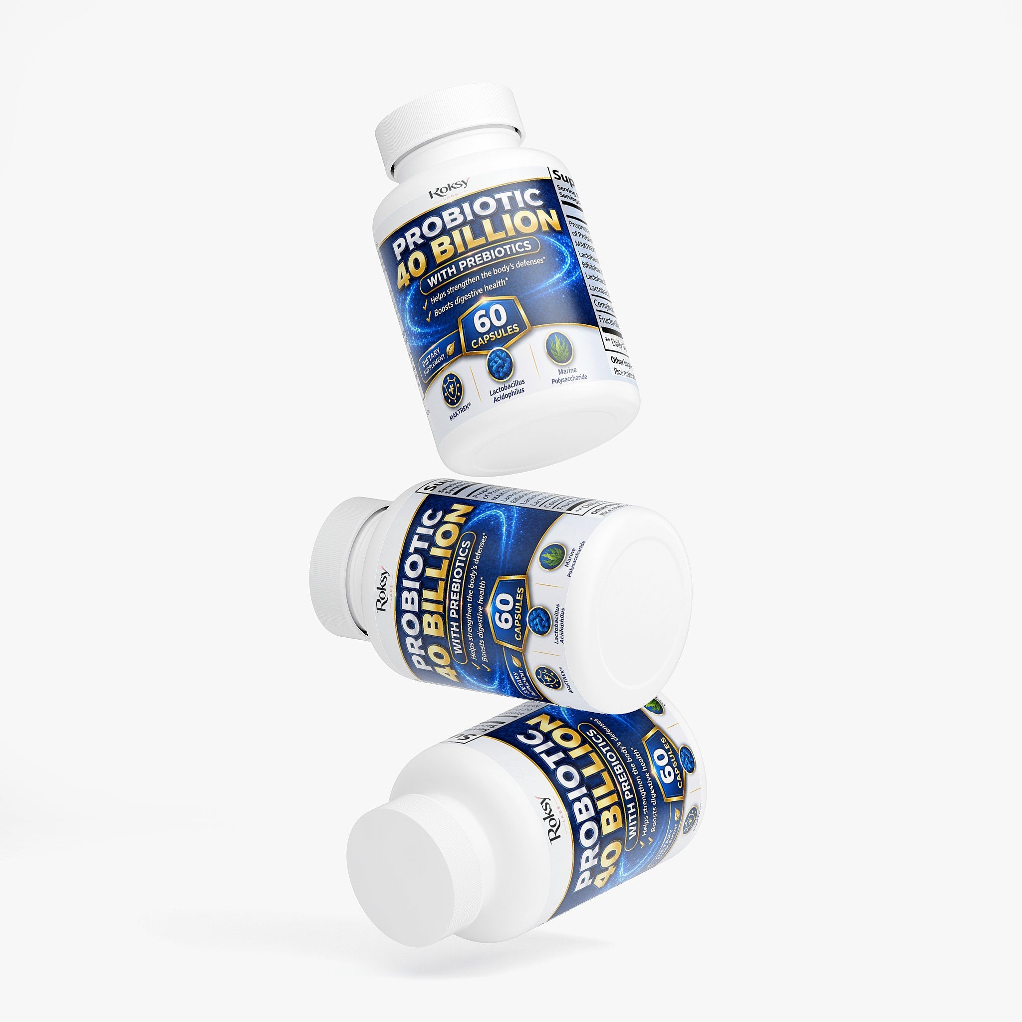 Probiotic Food Supplement - 40 Billion 60 Capsules with Prebiotics Roksy