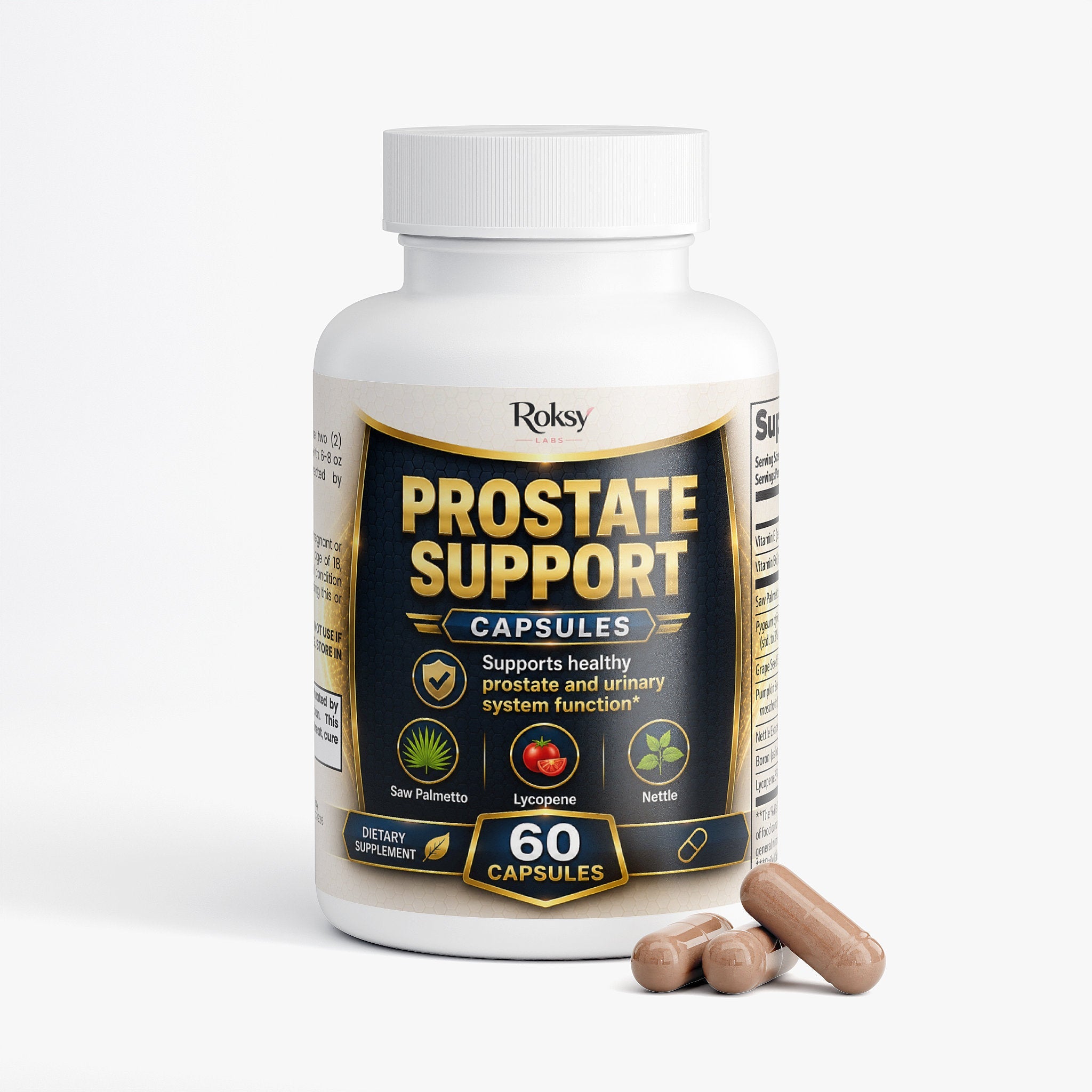 Prostate Support 60 Caps Saw Palmetto Nettle Pumpkin Seed Lycopene Roksy