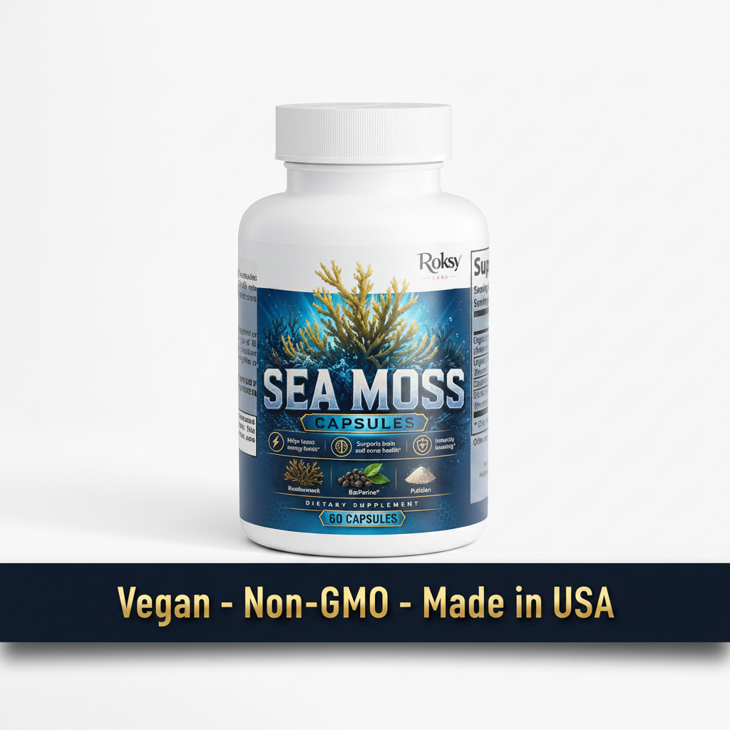 Sea Moss Capsules | Energy Immunity and Brain Health | Organic Irish Moss Bladderwrack BioPerine | 60 Capsules Roksy
