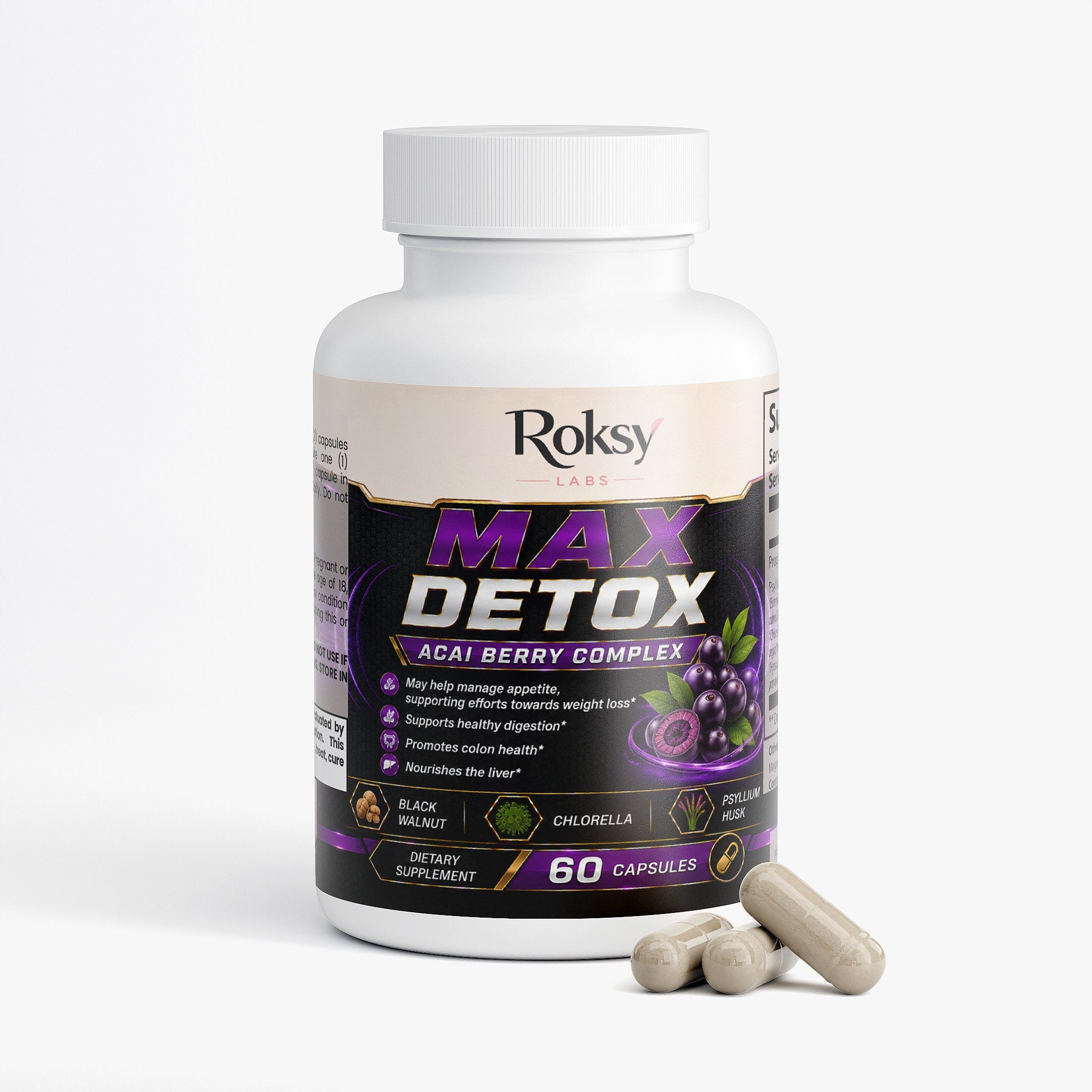 Max Detox Acai Berry Capsules for Cleanse Colon With Psyllium and Acai 60 ct Roksy