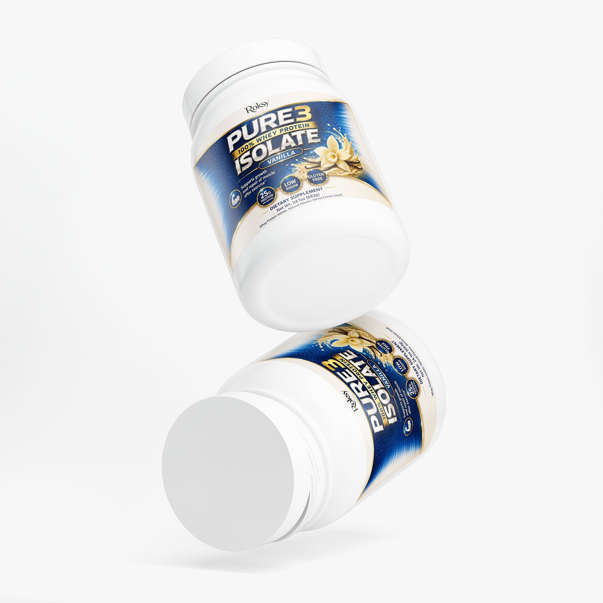 Pure3 100% Whey Protein Isolate Vanilla | 25g Protein Per Serving | Muscle Growth and Recovery | Low Sugar Gluten-Free | 1.5lb Roksy