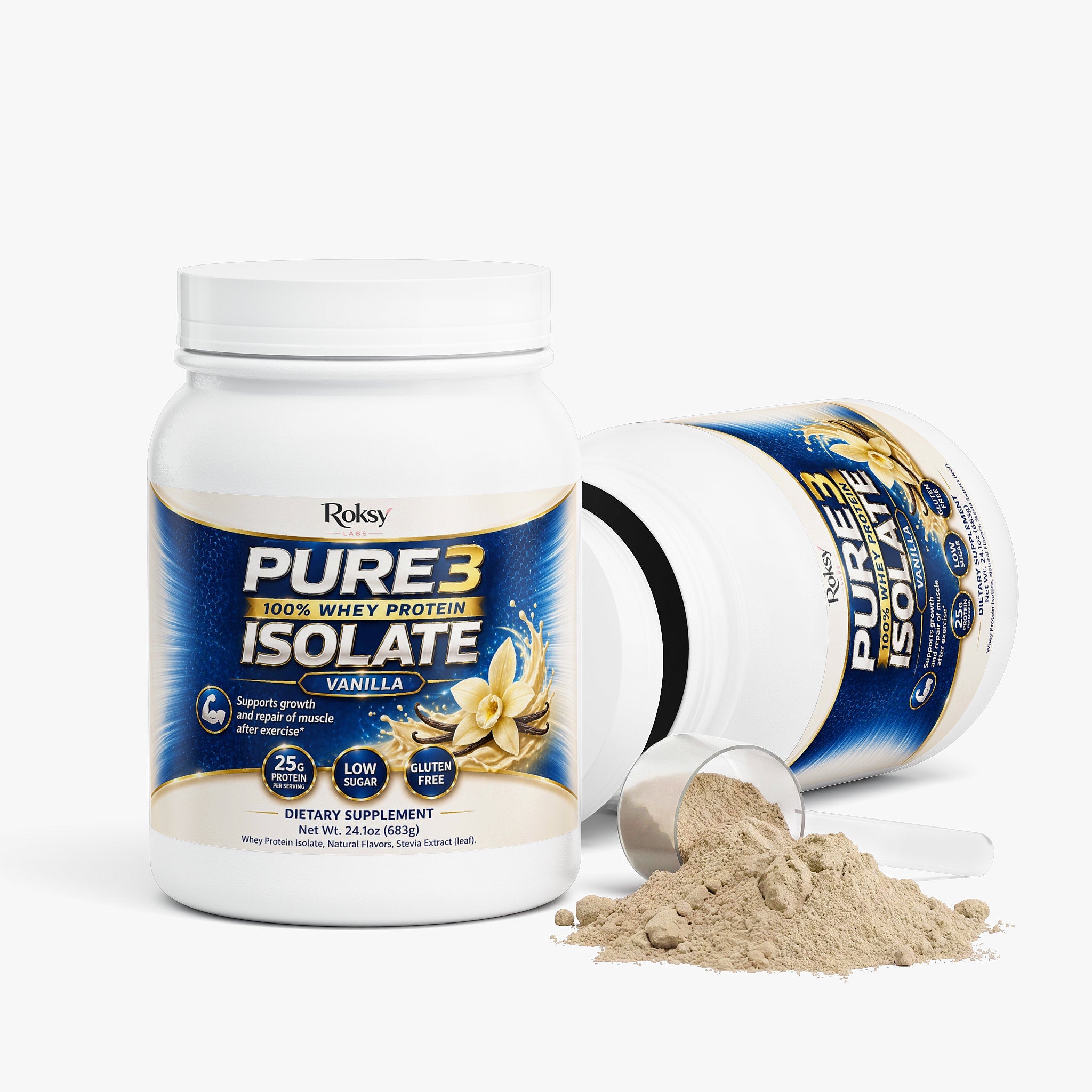 Pure3 100% Whey Protein Isolate Vanilla | 25g Protein Per Serving | Muscle Growth and Recovery | Low Sugar Gluten-Free | 1.5lb Roksy