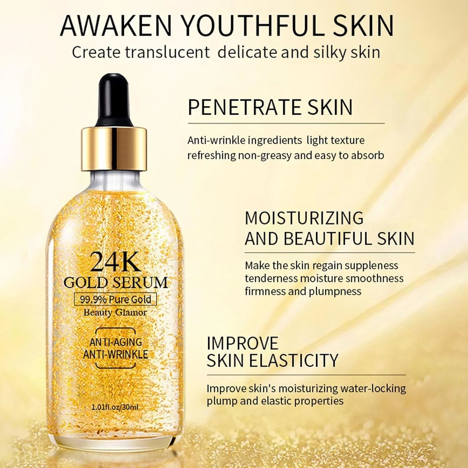 24K Gold Serum 2 Pack | Collagen Boost Anti-Aging Anti-Wrinkle | 99.9% Pure Gold Face Serum | 30ml Each Roksy