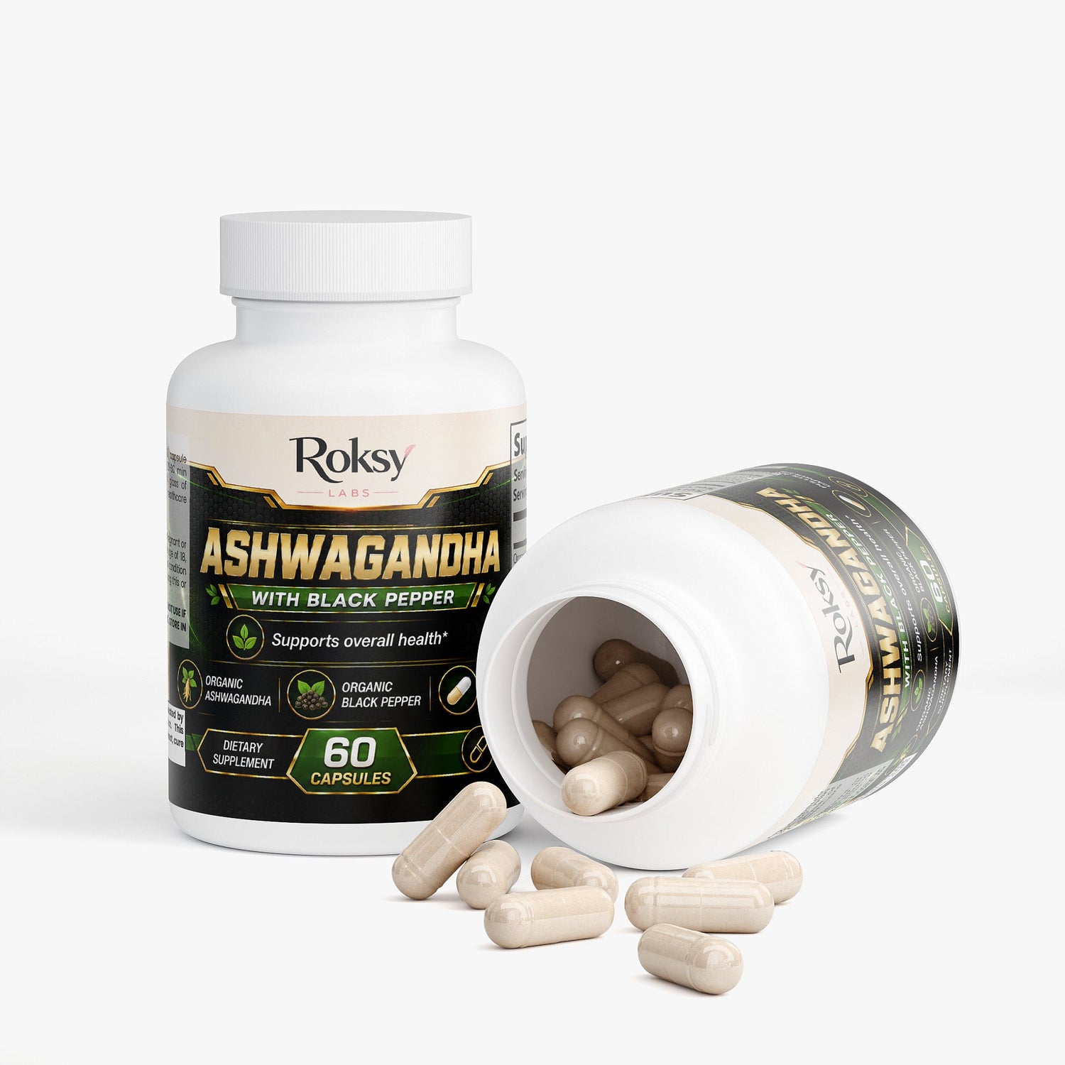 Ashwagandha Withania 60 Caps with Black Pepper Ashwagandha Somnifera Stress Calm Roksy