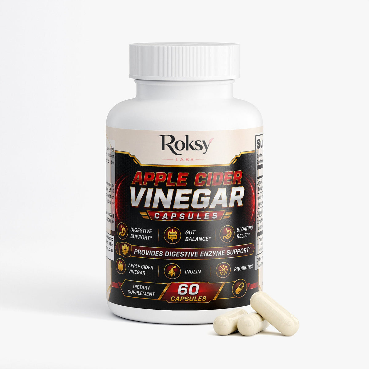 Apple Cider Vinegar Capsules for Weight Loss | ACV Pills with Probiotics & Enzymes | 60ct Roksy