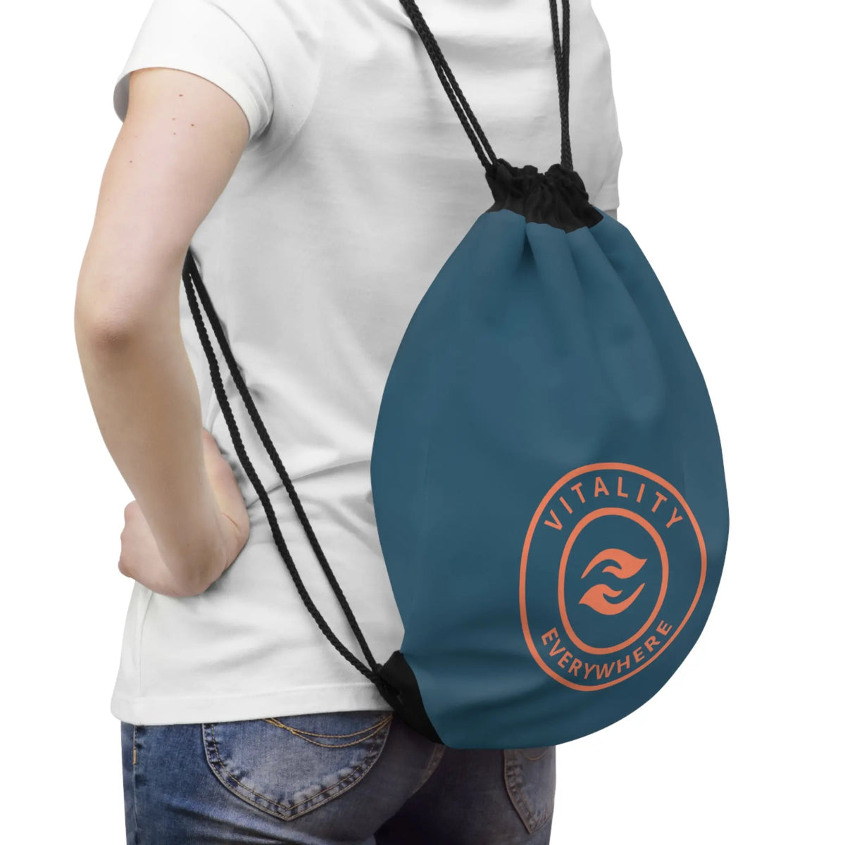 Vitality Everywhere Drawstring Bag — Motivational Gym Sack with Circular Logo Printify