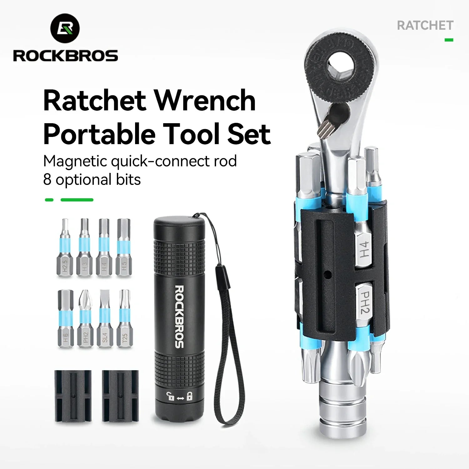 S2 Alloy 1/4" Drive Ratchet Handle 72-Tooth Compact Bike Repair Kit with 8 Bits ROCKBROS-US