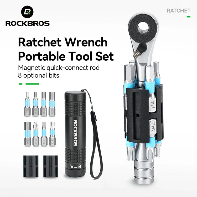 S2 Alloy 1/4" Drive Ratchet Handle 72-Tooth Compact Bike Repair Kit with 8 Bits ROCKBROS-US