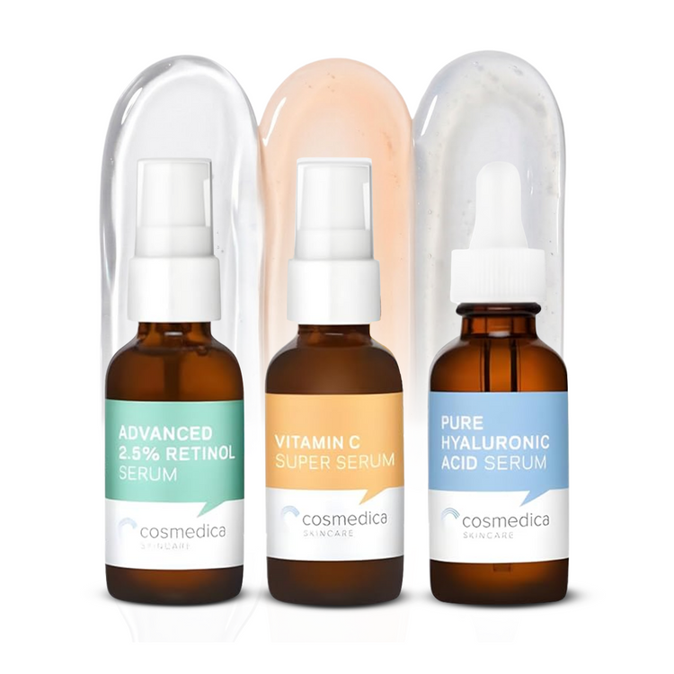 Cosmedica Skincare Facial Serum Trio Set – Vitamin C Serum, 2.5% Retinol Serum & Hyaluronic Acid Serum for Face – Anti Aging, Brightening & Hydrating Skincare – Reduce Wrinkles & Dark Spots – Vegan, Cruelty Free (3 x 1oz) Cosmedica Skincare
