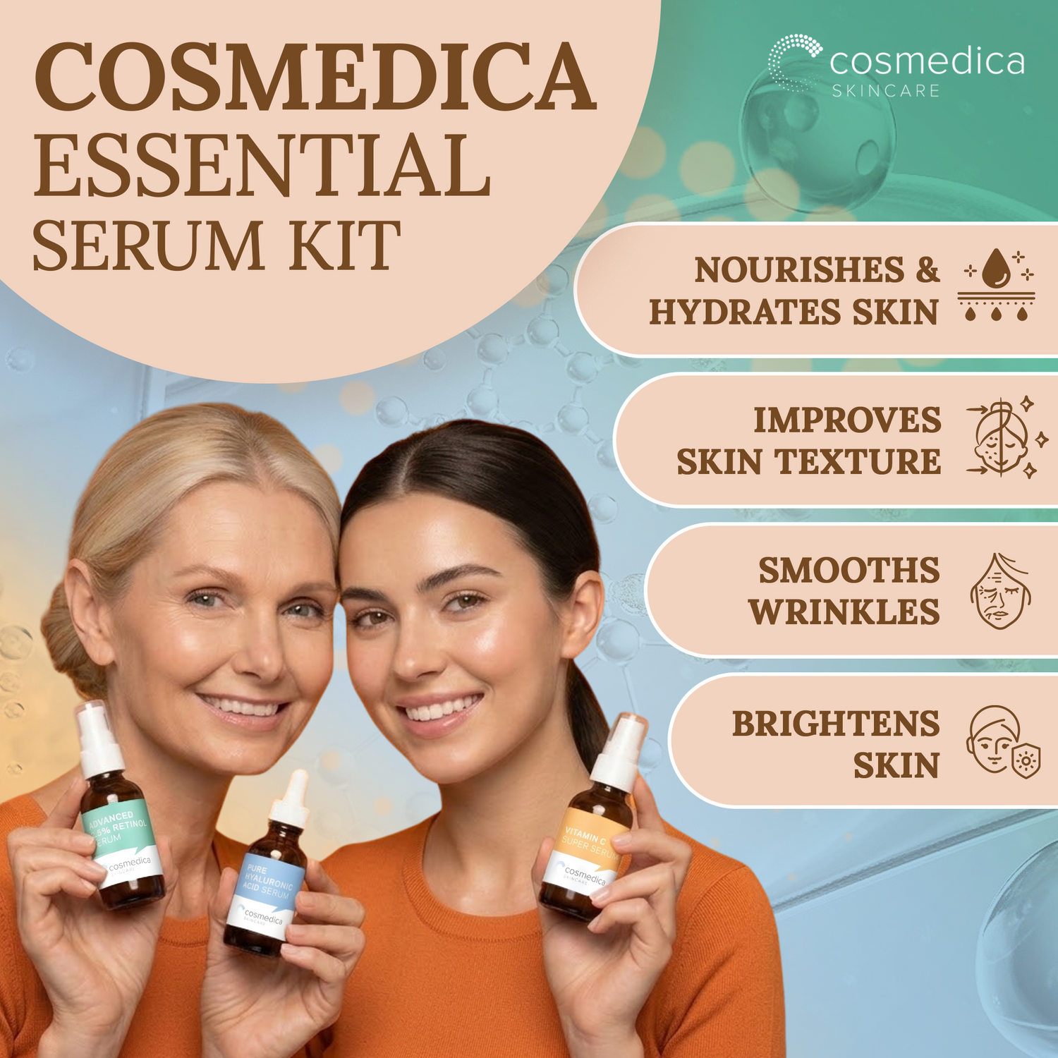 Cosmedica Skincare Facial Serum Trio Set – Vitamin C Serum, 2.5% Retinol Serum & Hyaluronic Acid Serum for Face – Anti Aging, Brightening & Hydrating Skincare – Reduce Wrinkles & Dark Spots – Vegan, Cruelty Free (3 x 1oz) Cosmedica Skincare
