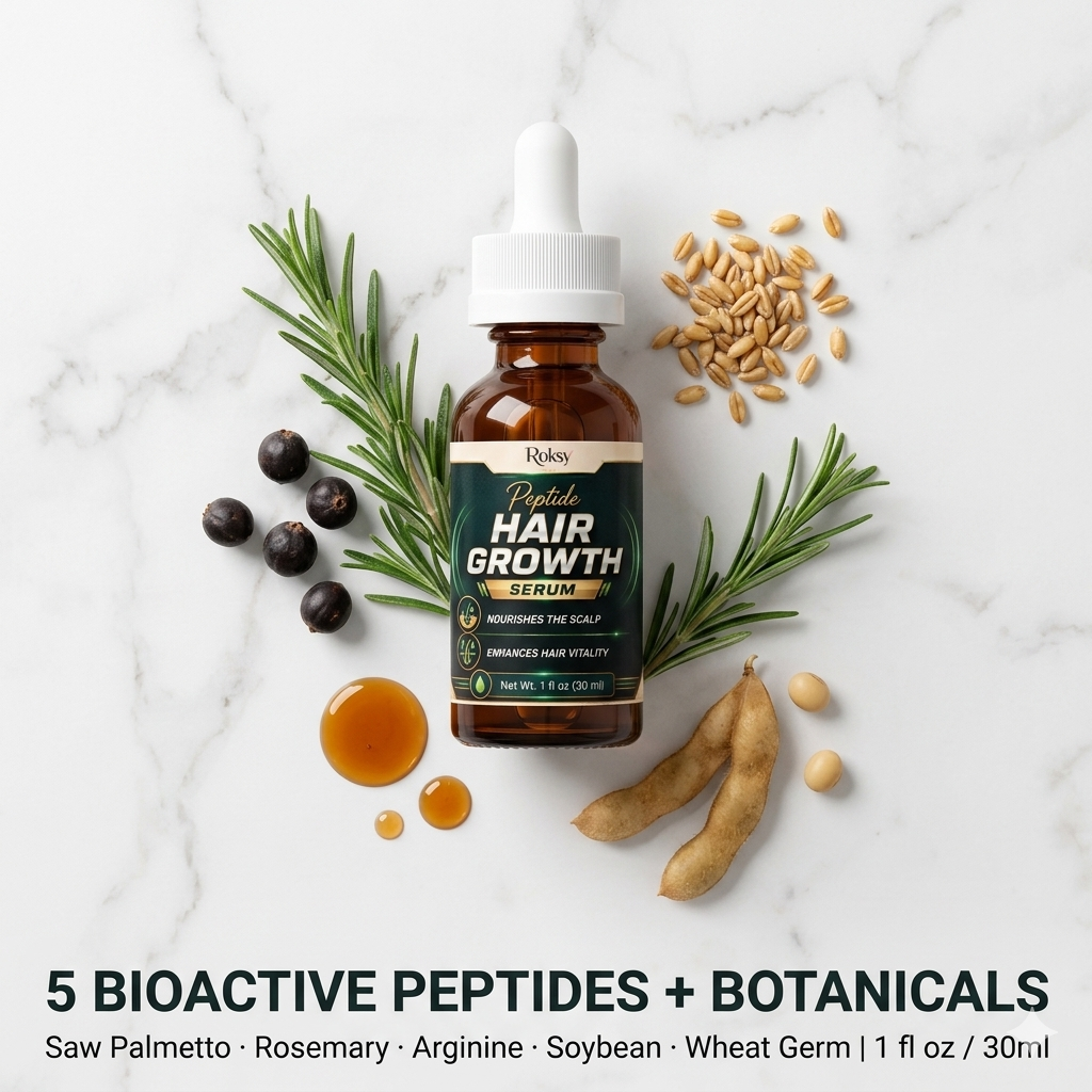 Peptide Hair Growth Serum 2 Pack | 5 Bioactive Peptides Rosemary Saw Palmetto Arginine | Hair Growth Scalp Nourishment and Hair Vitality | 30ml Each Roksy