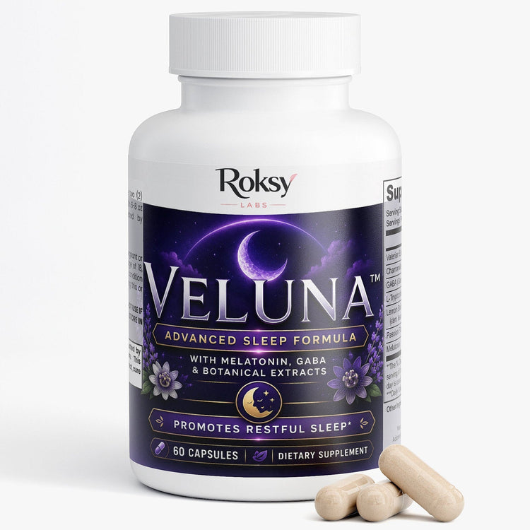 Veluna Advanced Sleep Formula | Melatonin GABA Valerian Chamomile L-Tryptophan | Restful Sleep Support | 60 Capsules Roksy