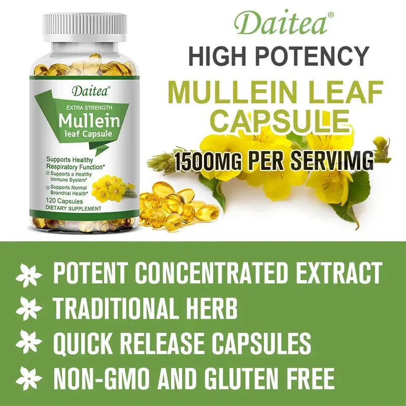 Natural Mullein Leaf Capsules Herbal Supplement for Lung Cleanse, Supports Healthy Respiratory Function, 120 Capsules Roksy
