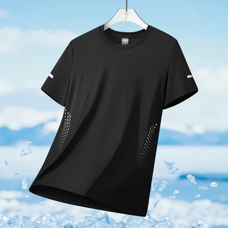 Running T-shirt Men Summer Ice Silk Thin Top Reflective Printing Quick Dry Short Sleeve Breathable Fitness Sports T-shirt 5XL Pi-Mart