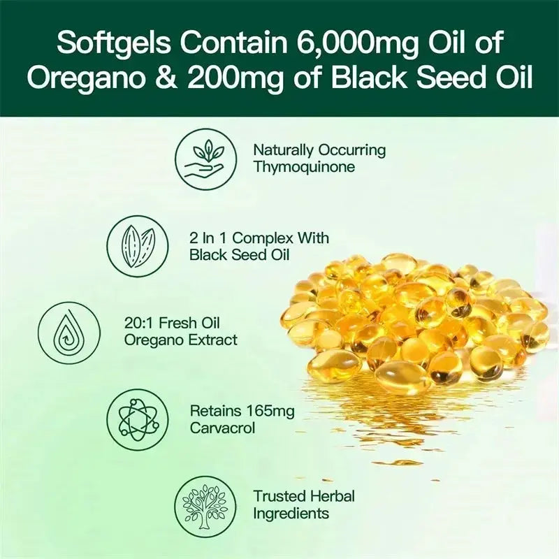 Oregano Oil Softgels - with Oregano & Black Seed Oil, for Digestion, Relieves Bloating, Boosts Immune, Antioxidant - 120pcs Roksy