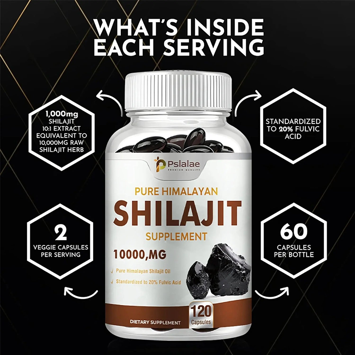 Shilajit Supplements - Enhance Nutrient Absorption and Promote Detoxification, Relieve Stress - 120 Capsules Roksy