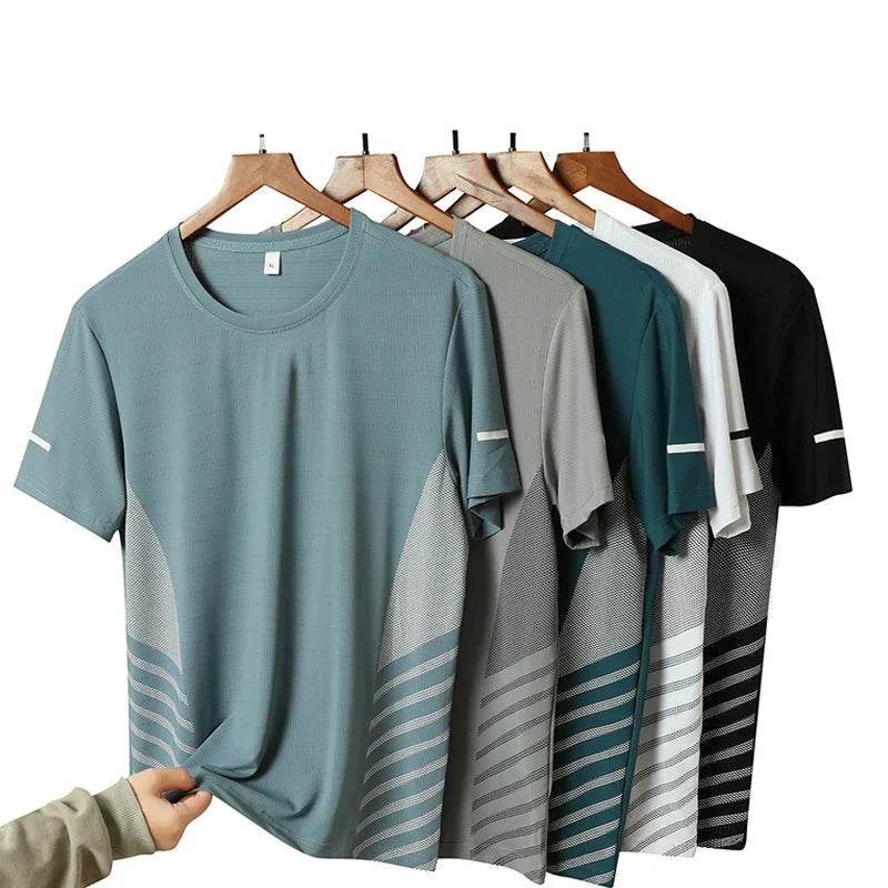 Running T-shirt Men Summer Ice Silk Thin Top Reflective Printing Quick Dry Short Sleeve Breathable Fitness Sports T-shirt 5XL Pi-Mart