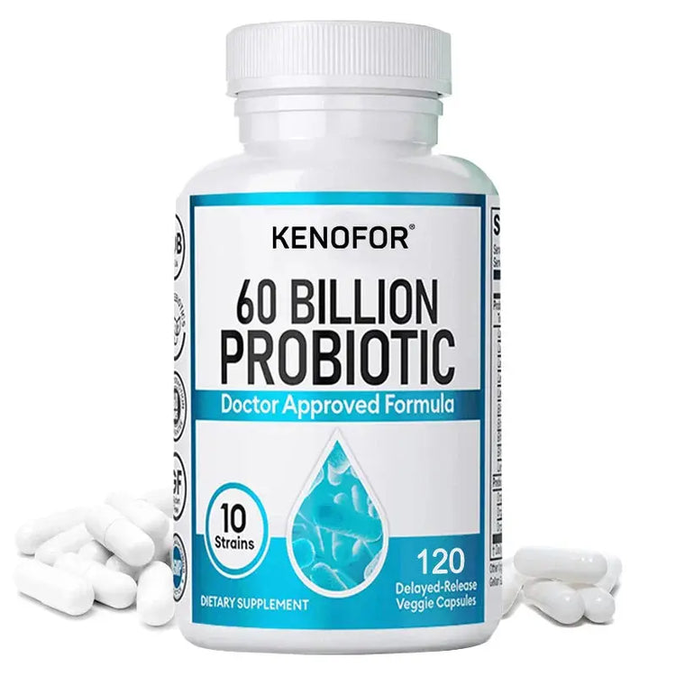 Probiotics 60 Billion CFU - 10 Strains+Organic Prebiotics - Immune, Digestive & Gut Health, Supports Gas, Bloating, 120 Capsules Roksy