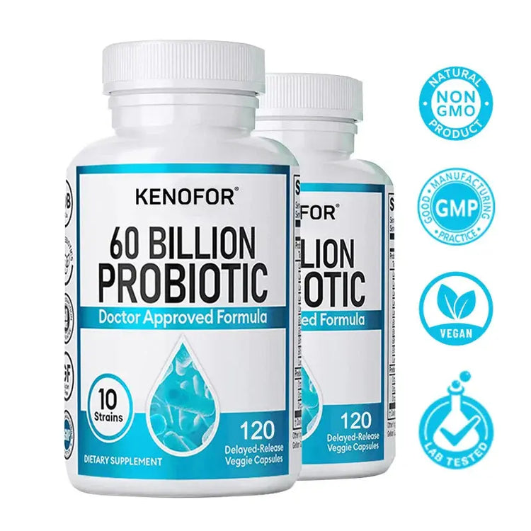 Probiotics 60 Billion CFU - 10 Strains+Organic Prebiotics - Immune, Digestive & Gut Health, Supports Gas, Bloating, 120 Capsules Roksy