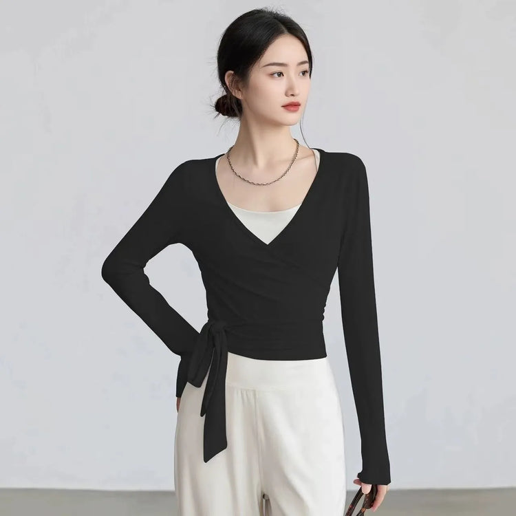 Slim-Fit Long-Sleeve Yoga Top with Straps THRIXINE