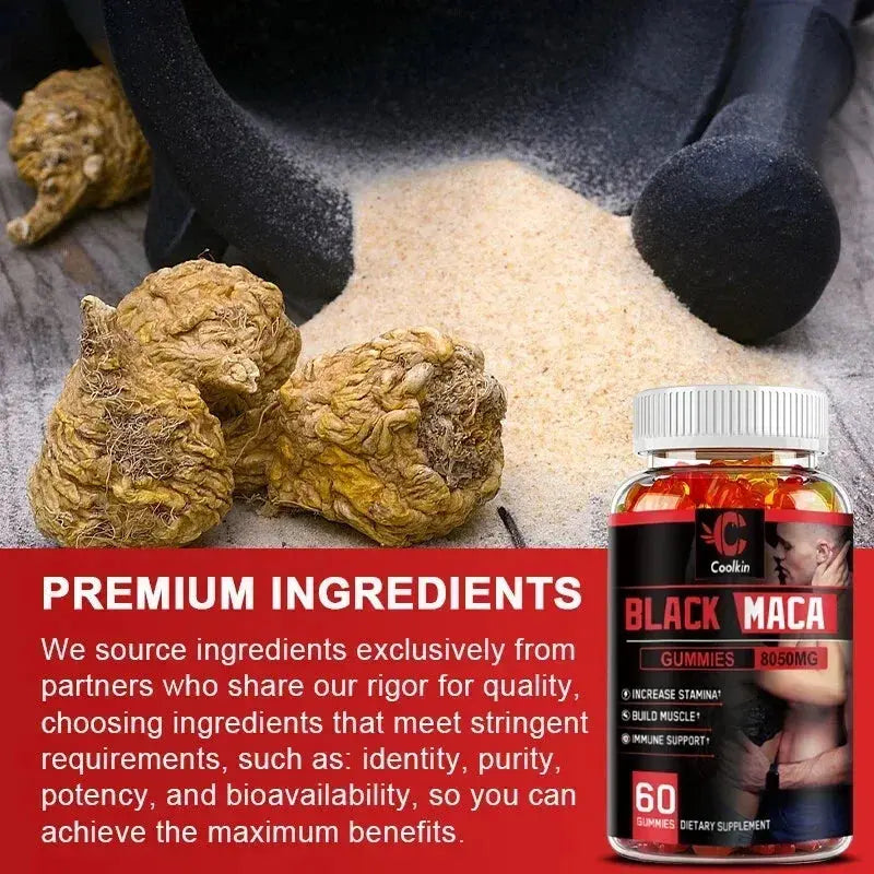 Black Maca Gummies - Performance and Mood Supplement, Supports Natural Health, Muscle Growth, Energy - 60 Gummies Roksy