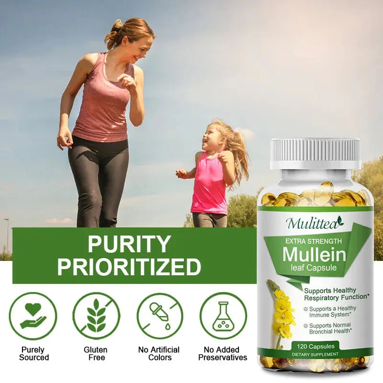 Mulittea Natural Mullein Leaf Capsules Herbal Supplement for Lung Cleanse Helps Healthy Respiratory Function & Mucous Membranes Roksy