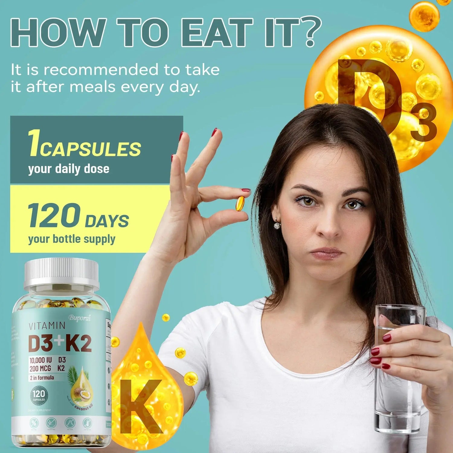 VITAMIN D3&K2 - Natural Ingredient Calcium, Bone, Teeth, Joint & Skin, Immune Support Supplement - 120 Capsules Roksy