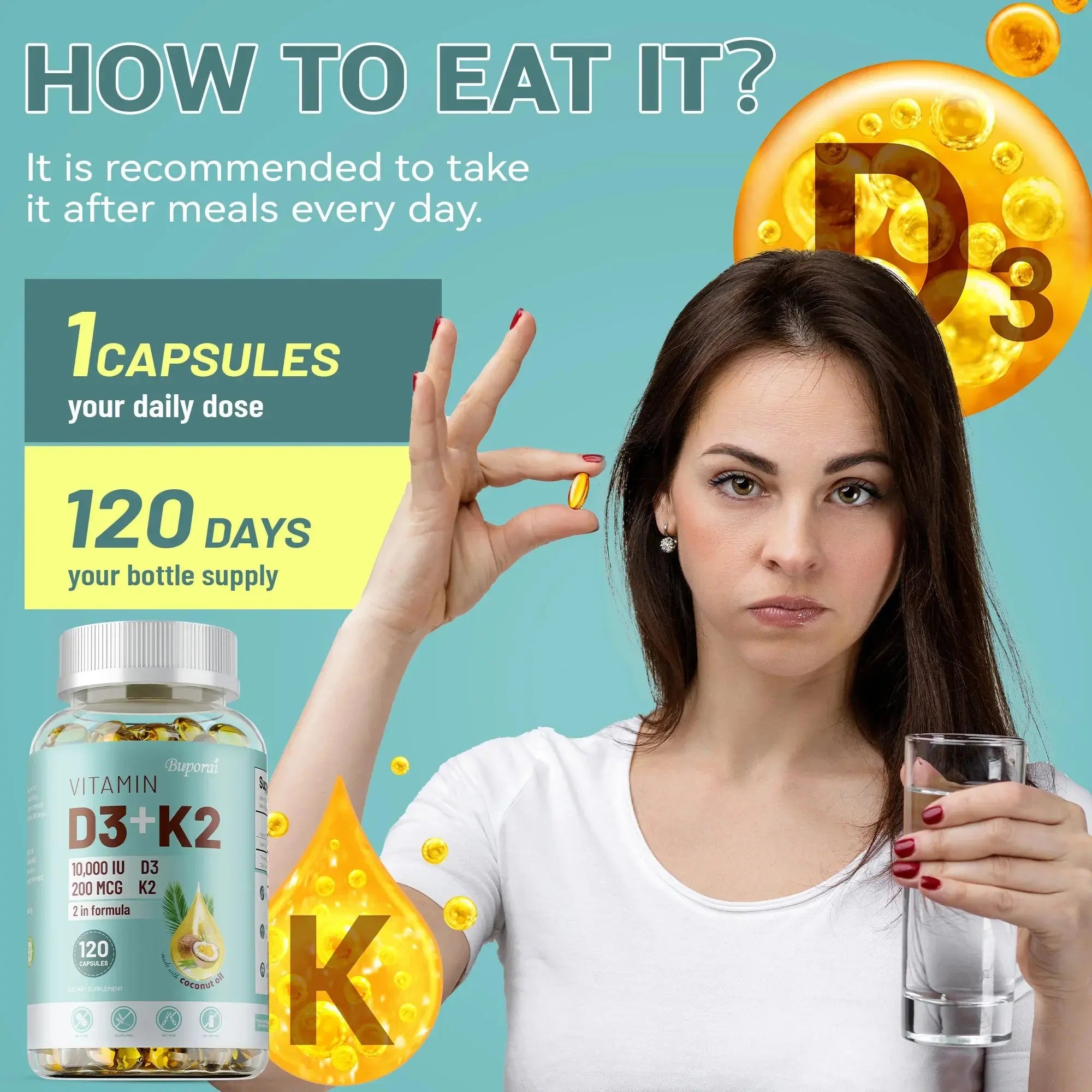 VITAMIN D3&K2 - Natural Ingredient Calcium, Bone, Teeth, Joint & Skin, Immune Support Supplement - 120 Capsules Roksy