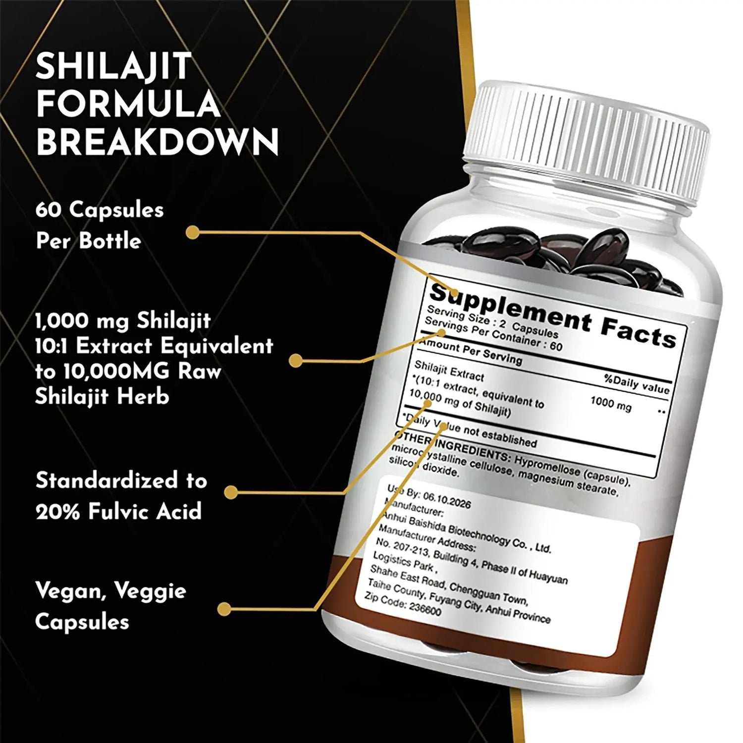 Shilajit Supplements - Enhance Nutrient Absorption and Promote Detoxification, Relieve Stress - 120 Capsules Roksy