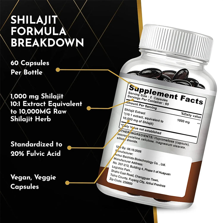 Shilajit Supplements - Enhance Nutrient Absorption and Promote Detoxification, Relieve Stress - 120 Capsules Roksy