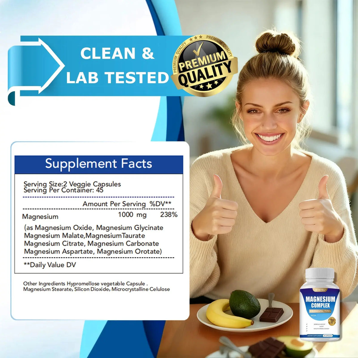 MAGNESIUM COMPLEX Wellness Capsules With Malate & Glycinate And 8 ELEMENTAL MAGNESIUM, Supports Health 90 Capsules, Dietary Supplement. Roksy