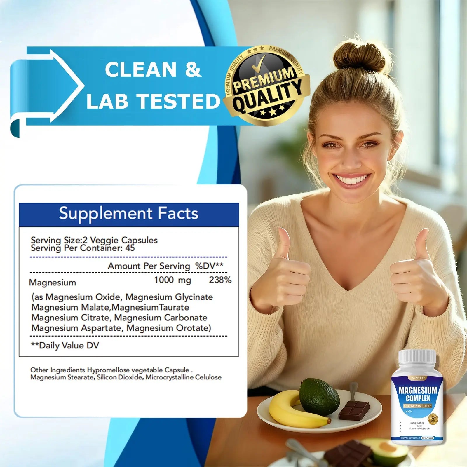 MAGNESIUM COMPLEX Wellness Capsules With Malate & Glycinate And 8 ELEMENTAL MAGNESIUM, Supports Health 90 Capsules, Dietary Supplement. Roksy