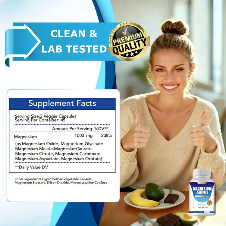 MAGNESIUM COMPLEX Wellness Capsules With Malate & Glycinate And 8 ELEMENTAL MAGNESIUM, Supports Health 90 Capsules, Dietary Supplement. Roksy
