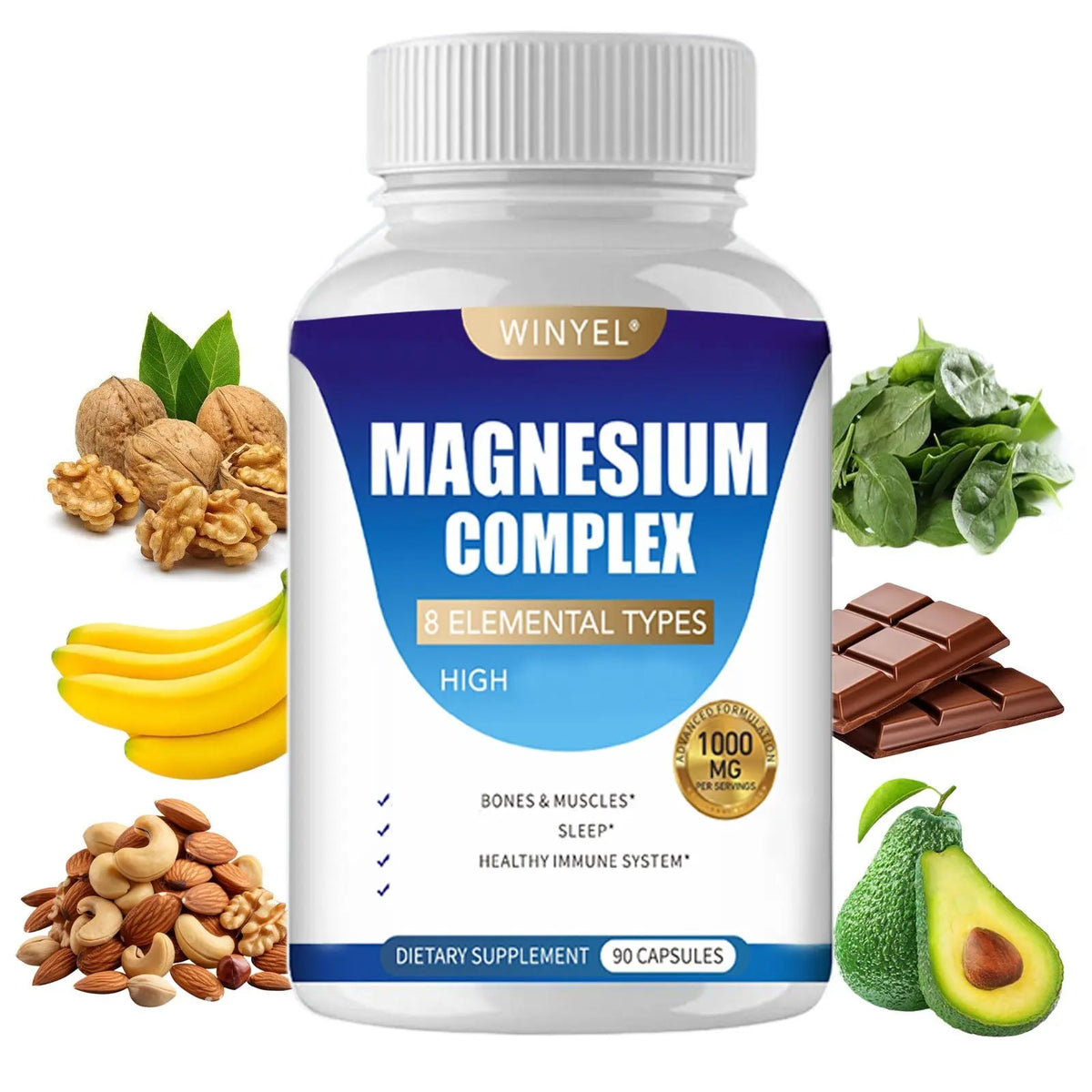MAGNESIUM COMPLEX Wellness Capsules With Malate & Glycinate And 8 ELEMENTAL MAGNESIUM, Supports Health 90 Capsules, Dietary Supplement. Roksy