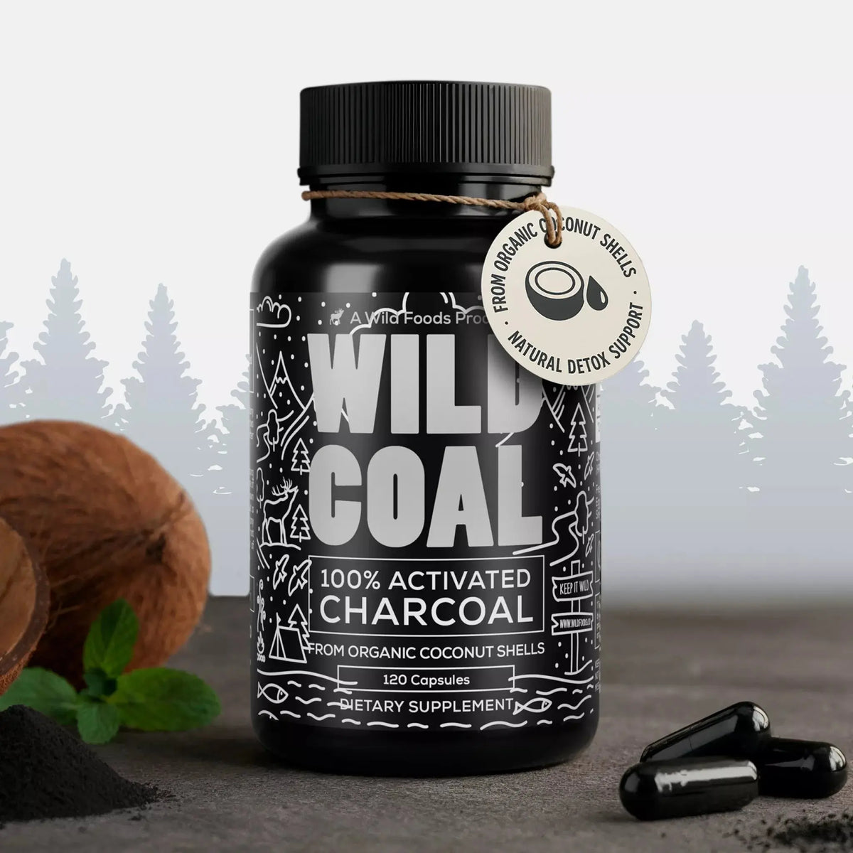 Activated Charcoal Capsules, 60 servings - Made from 100% Organic Coconuts Wild Foods