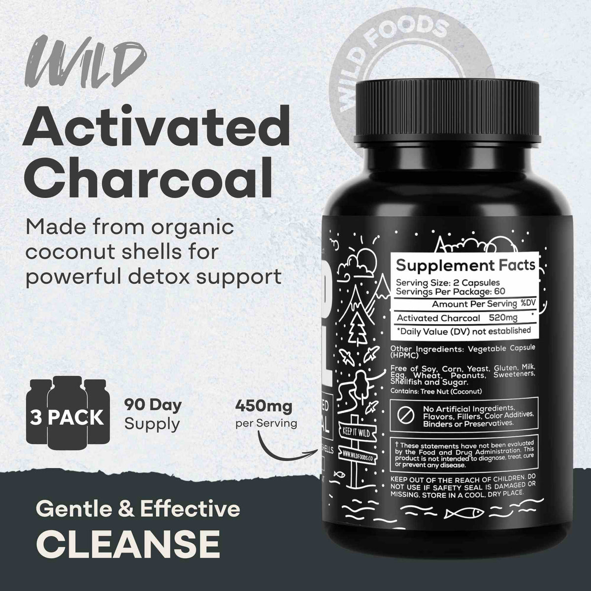 Activated Charcoal Capsules, 60 servings - Made from 100% Organic Coconuts Wild Foods