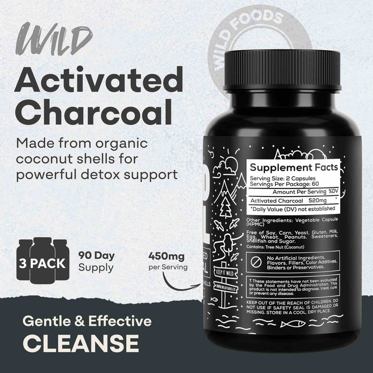 Activated Charcoal Capsules, 60 servings - Made from 100% Organic Coconuts Wild Foods