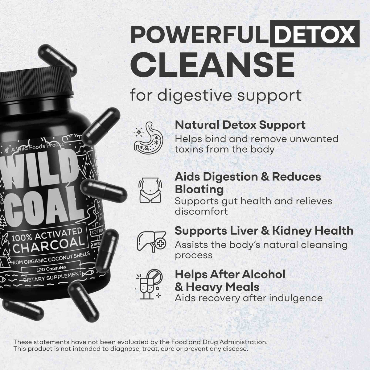 Activated Charcoal Capsules, 60 servings - Made from 100% Organic Coconuts Wild Foods