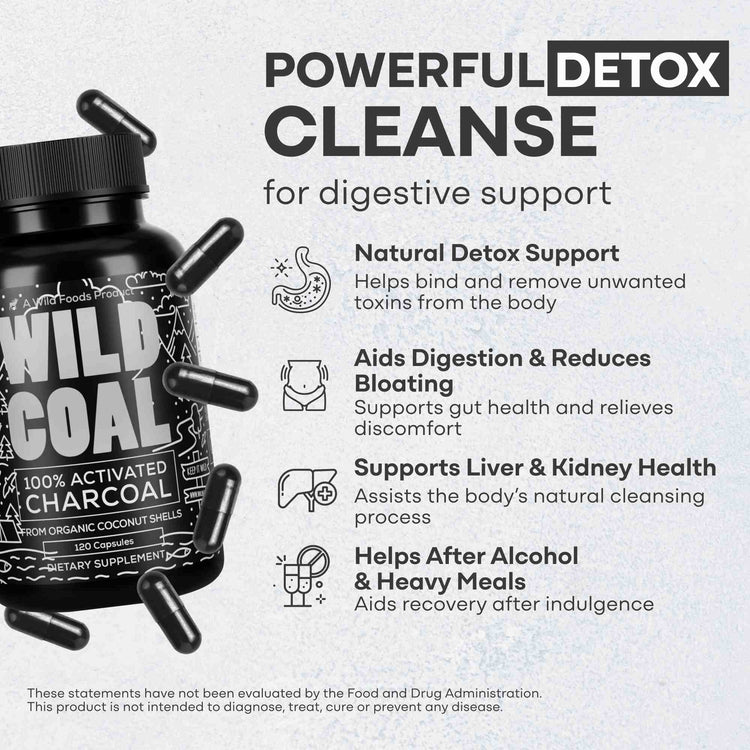 Activated Charcoal Capsules, 60 servings - Made from 100% Organic Coconuts Wild Foods